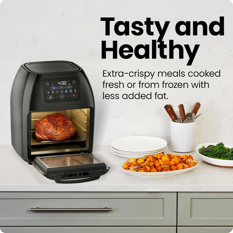 Chefman Multifunctional Digital Air Fryer+ Rotisserie, Dehydrator, Convection Oven, 17 Touch Screen Presets Fry, Roast, Dehydrate & Bake, Auto Shutoff, Accessories Included, XL 10L Family Size, Black