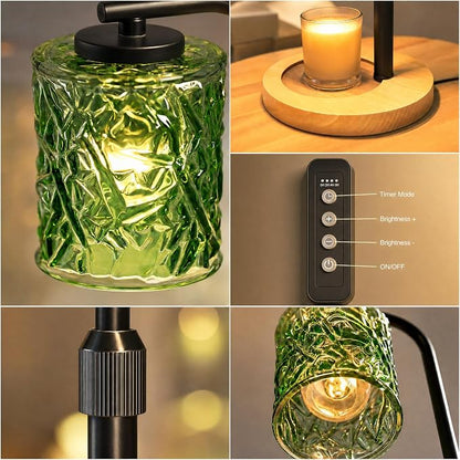 CNXIN Candle Warmer Lamp with Timer & Dimmer – Adjustable Height Wax Melting Lamp with Green Glass Shade, Wood Base & 2 Bulbs