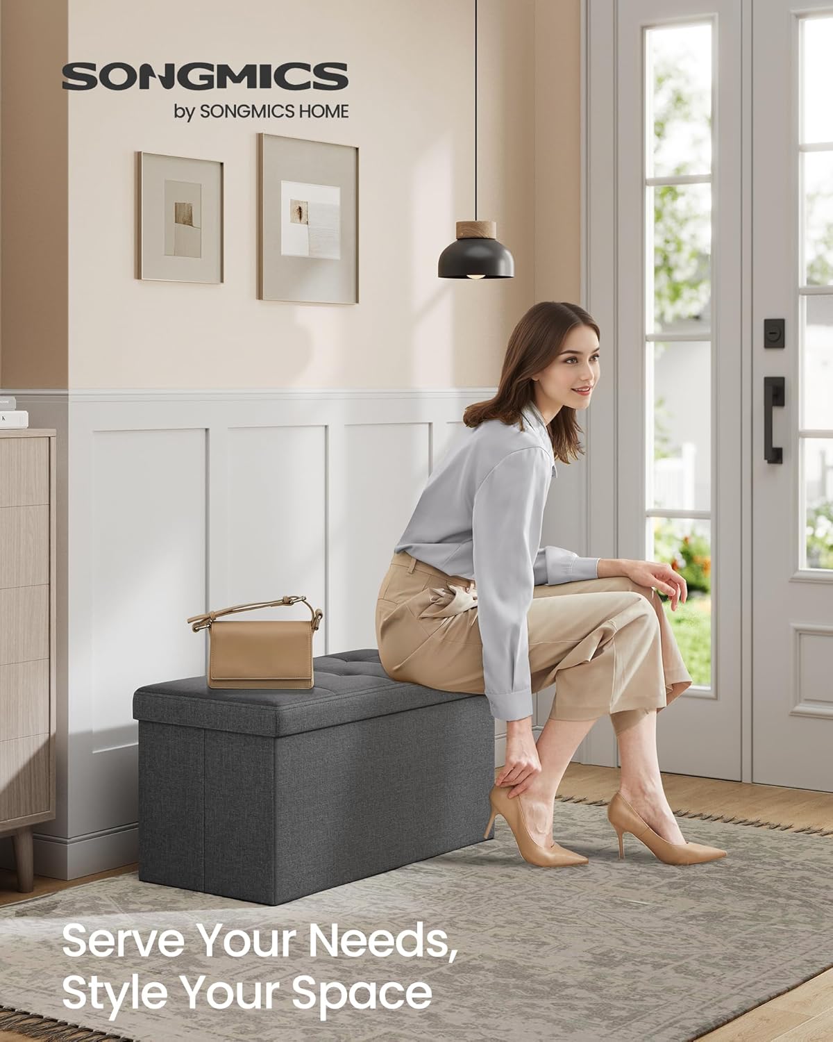 Folding Storage Ottoman Bench with Hidden Storage, Upholstered Foot Rest Bench, Storage Chest for Living Room, Bedroom and Entryway Slate Gray and Ink Black LSF47K
