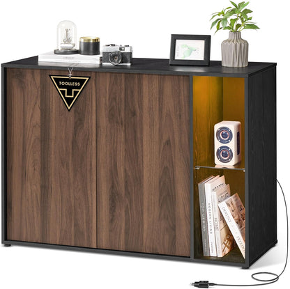 Storage Cabinet with RGB Lighting & Glass Shelf – Modern Buffet Sideboard with Adjustable Shelves Natural Walnut & Ebony Black BBK372B02