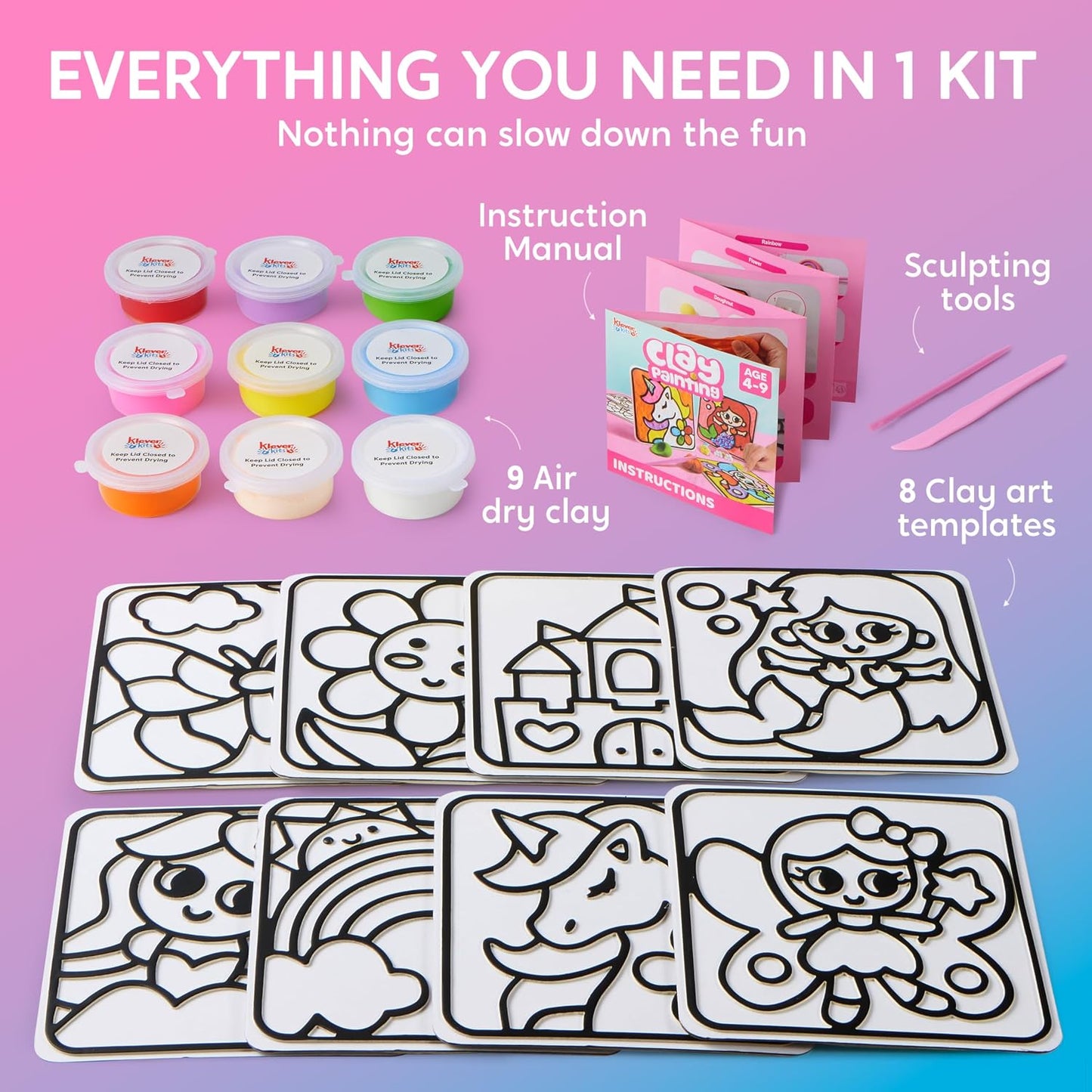 Klever Kits Air Dry Clay Painting Kit – 8 Pre-Grooved Art Boards for Kids, Non-Toxic Craft Set