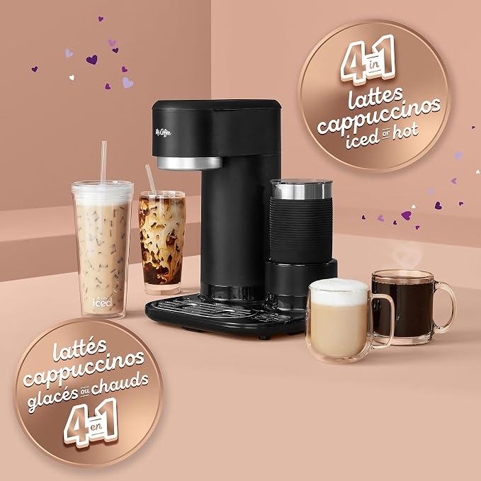 Mr. Coffee 4-in-1 Single-Serve Coffee Maker with Milk Frother – Hot & Iced Coffee, Latte & Cappuccino Machine with Reusable Filter