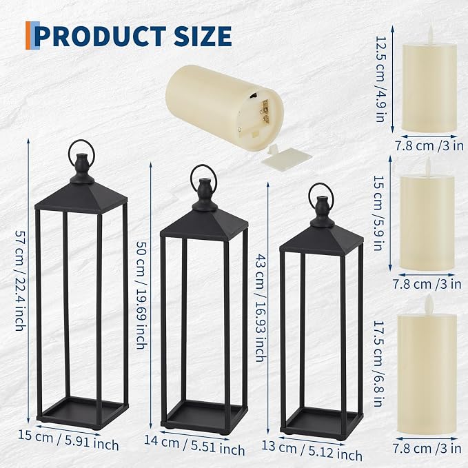 WildVenture 3-Piece Large Black Lantern Set with Flameless LED Candles & Remote – 17", 19" & 22" Indoor Outdoor Decorative Lanterns
