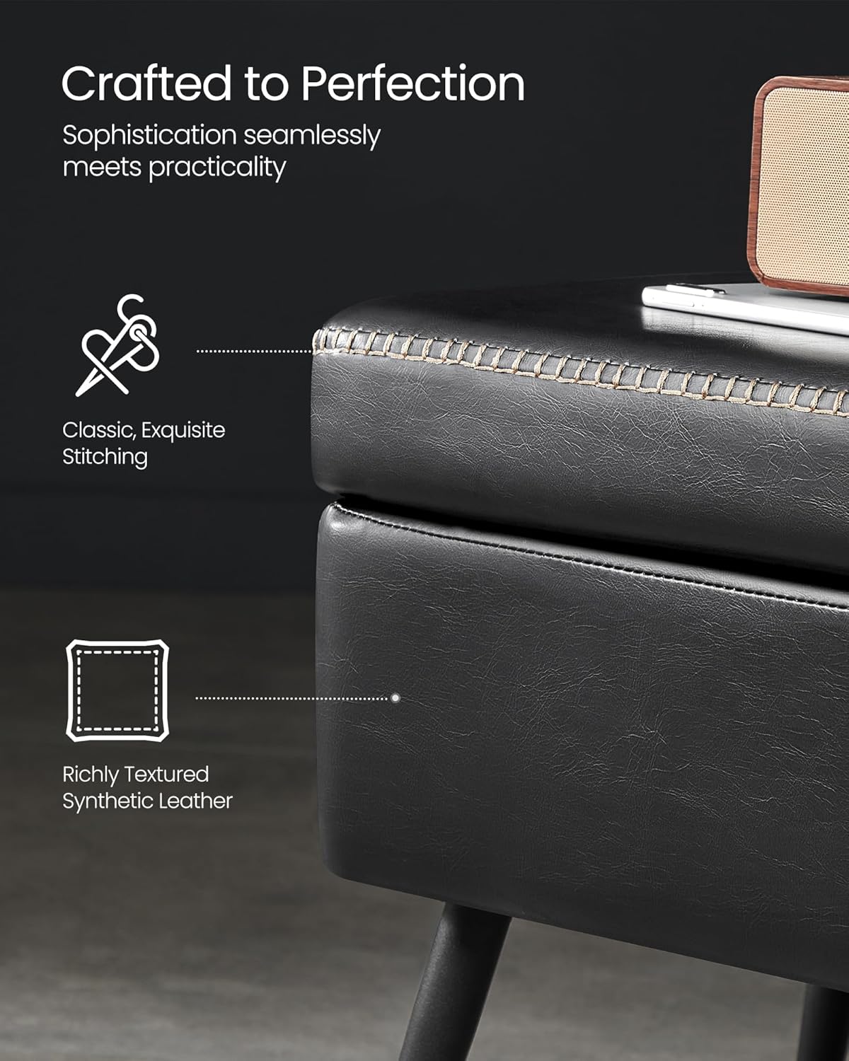 Storage Ottoman Bench with Hidden Storage, Entryway Bench, Bedroom Bench, Upholstered Seat with Safety Hinges and Steel Legs Mid Century Modern Ink Black