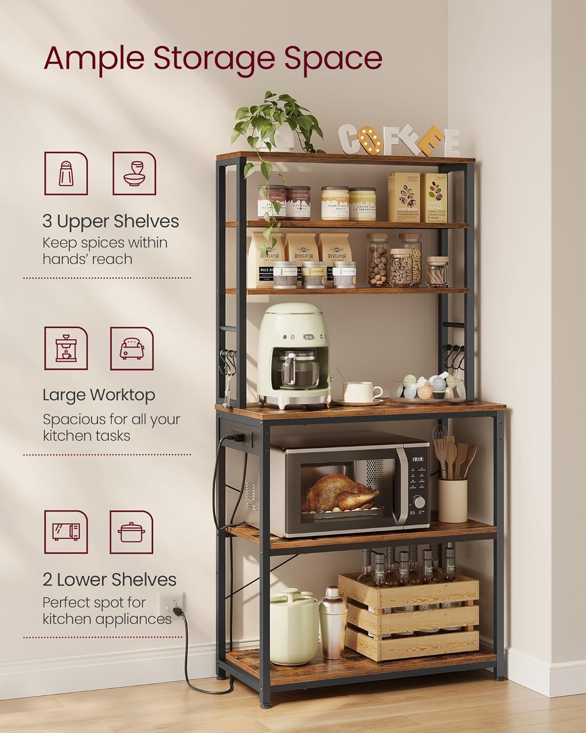Kitchen Baker's Rack with Power Outlet, Coffee Bar Station, Microwave Stand and 6 Tier Storage Shelves with Hooks 31.5" Rustic Brown and Ink Black KKS119K01