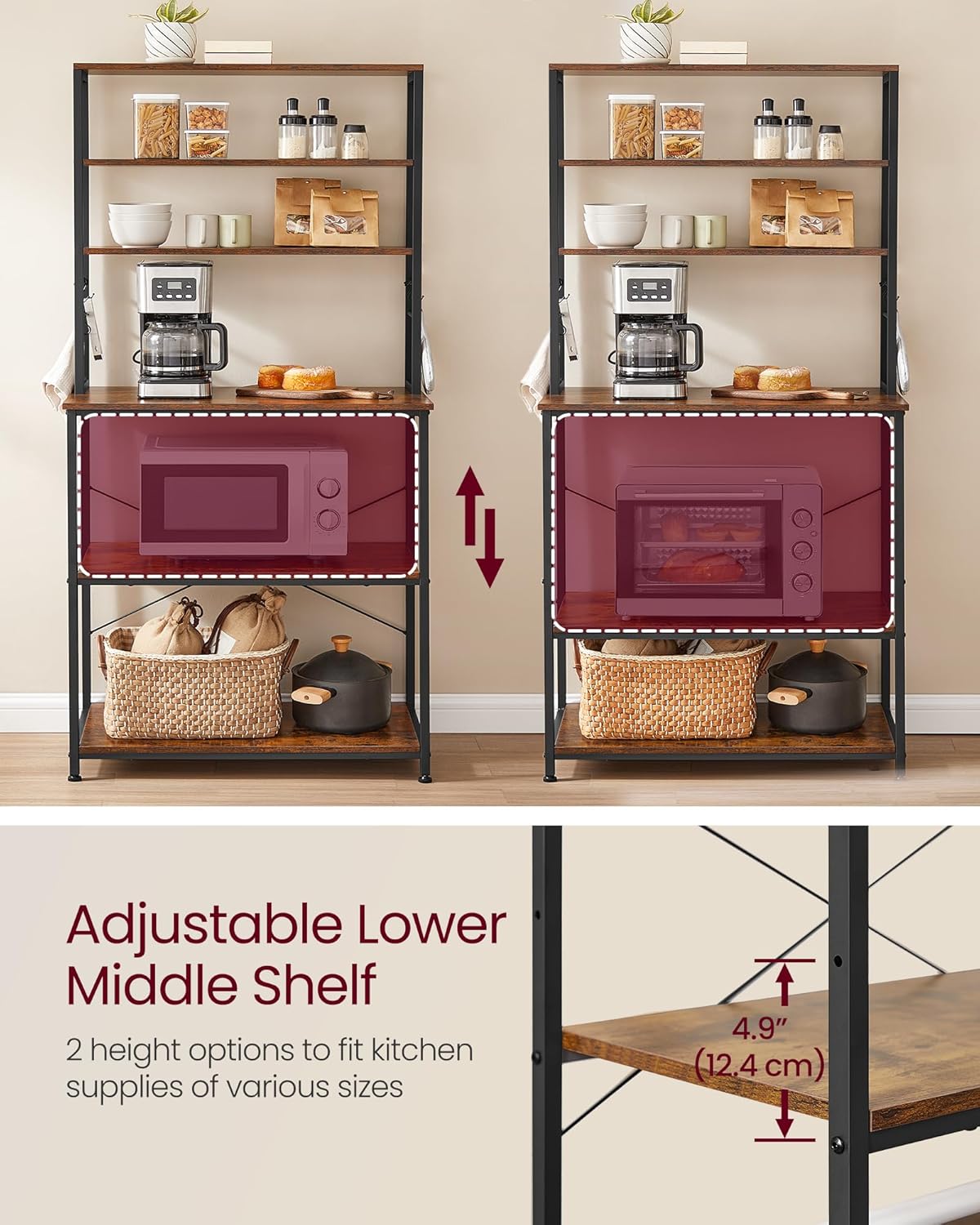 Kitchen Baker's Rack with Power Outlet, Coffee Bar Station, Microwave Stand and 6 Tier Storage Shelves with Hooks 31.5" Rustic Brown and Ink Black KKS119K01