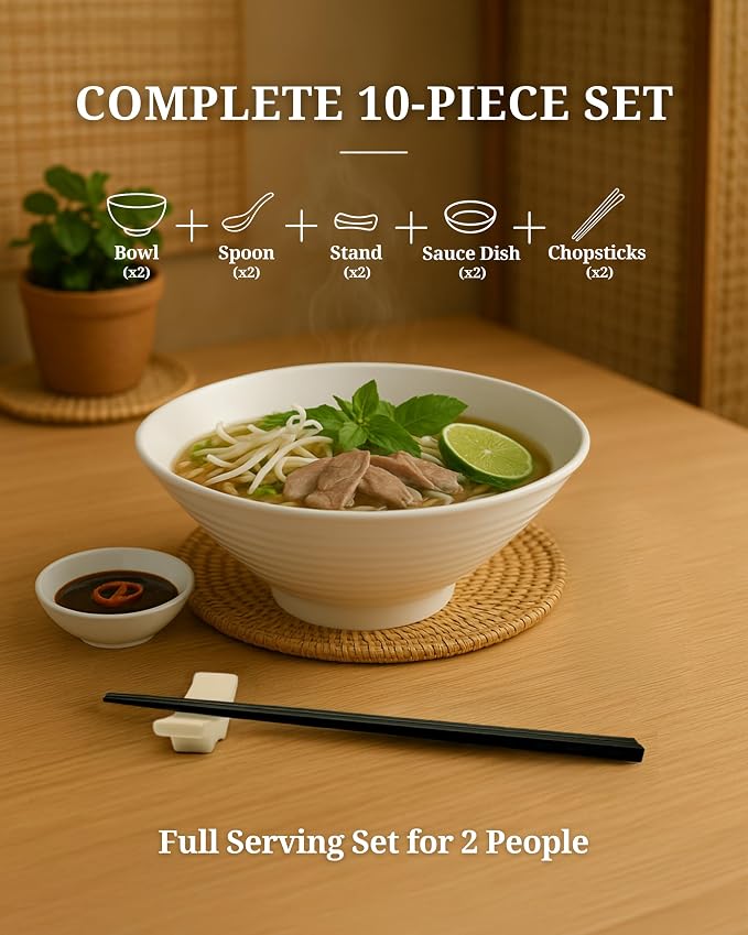 APEX S.K. 57 oz White Pho Bowl Set – Large Melamine Noodle Bowl with Spoon, Chopsticks and Sauce Dish