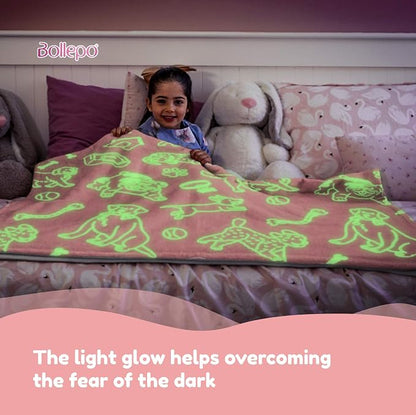 Bollepo Glow in the Dark Puppy Throw Blanket – 50" x 60" Soft Pink Plush Fleece Blanket with Glowing Dog Print for Kids, Teens & Dog Lovers