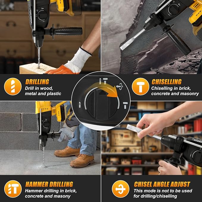 LHC DQSKCW 3J Cordless SDS-Plus Rotary Hammer Drill – Brushless 20V DeWalt Battery Compatible, 3 Modes, 1400 RPM & Drill/Chisel Set