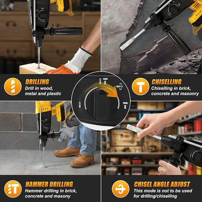 LHC DQSKCW 3J Cordless SDS-Plus Rotary Hammer Drill – Brushless 20V DeWalt Battery Compatible, 3 Modes, 1400 RPM & Drill/Chisel Set