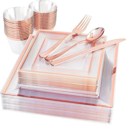 Rose Gold Disposable Dinnerware Set – Square Plastic Plates, Cups & Cutlery for Weddings, Parties, Baby Showers & Special Events