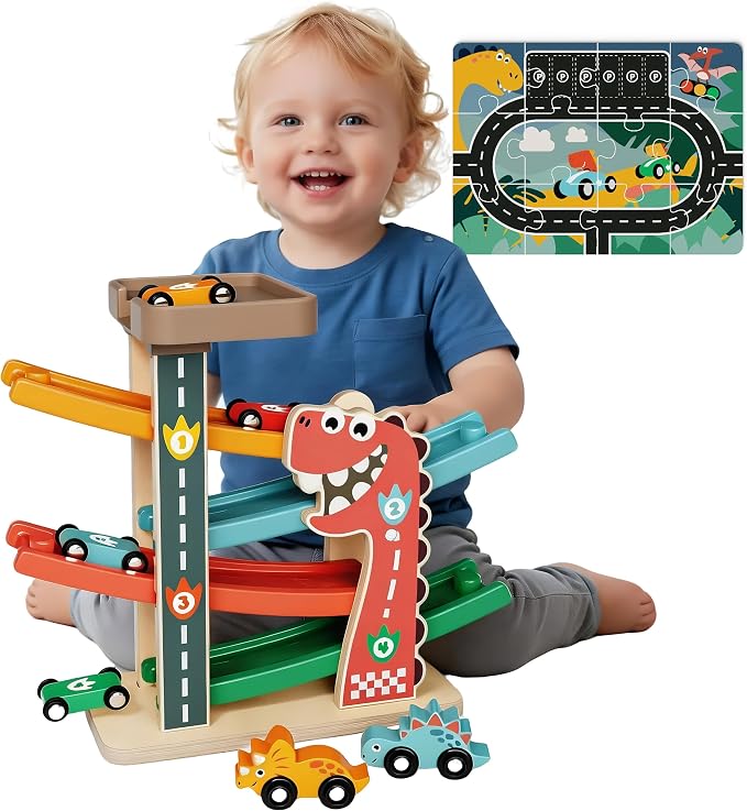 Itainq Wooden Car Ramp Racer Toy – Dinosaur Montessori Race Track with 6 Toy Cars & Puzzle for Toddlers Ages 1–2