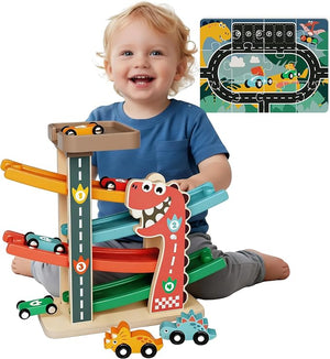 Itainq Wooden Car Ramp Racer Toy – Dinosaur Montessori Race Track with 6 Toy Cars & Puzzle for Toddlers Ages 1–2
