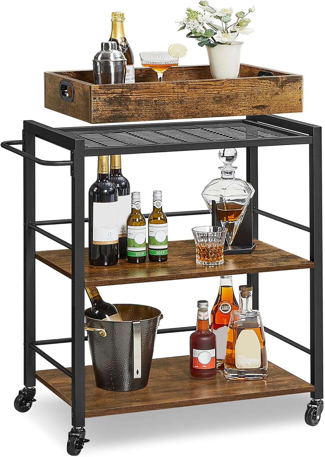 Kitchen Serving Cart with Removable Tray, 3 Tier Rolling Kitchen Cart with Storage Shelves, Utility Cart on Wheels for Kitchen, Dining Room and Bar Rustic Brown and Black LRC72X