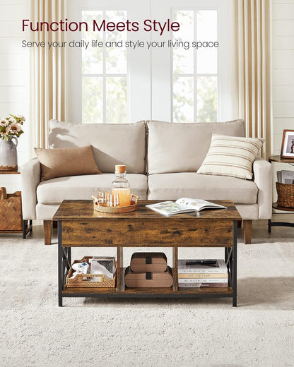 Lift Top Coffee Table with Hidden Storage & 3 Open Shelves – Industrial Living Room Table Rustic Brown & Black LCT202B01V1