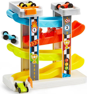 Race Track Car Ramp Toy – Toddler Montessori Car Ramp with 4 Cars and Parking Spaces, Ages 18M+