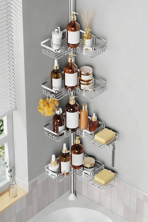 ZUNTO Adjustable Tension Pole Shower Caddy – 5-Tier Rust-Resistant Metal Corner Organizer with 2 Soap Dishes, Floor-to-Ceiling Bathroom Storage