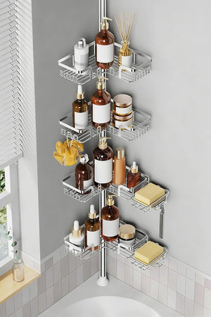 ZUNTO Adjustable Tension Pole Shower Caddy – 5-Tier Rust-Resistant Metal Corner Organizer with 2 Soap Dishes, Floor-to-Ceiling Bathroom Storage