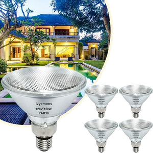 Ivyemons PAR38 Halogen Flood Light Bulbs 4-Pack – 150W, 2400 Lumens, 2800K Warm White, Dimmable E26 Base