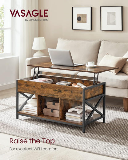 Lift Top Coffee Table with Hidden Storage & 3 Open Shelves – Industrial Living Room Table Rustic Brown & Black LCT202B01V1