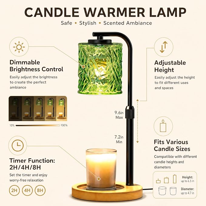 CNXIN Candle Warmer Lamp with Timer & Dimmer – Adjustable Height Wax Melting Lamp with Green Glass Shade, Wood Base & 2 Bulbs