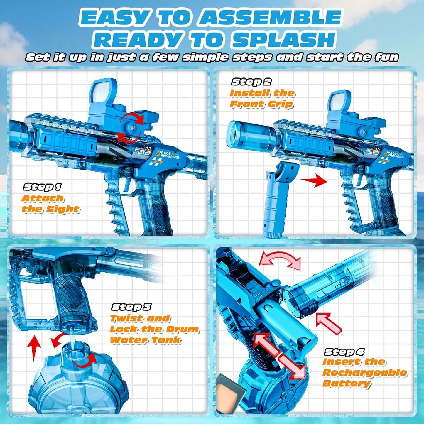 Reenovan Automatic Electric Water Gun – 26ft Range, 320cc Tank, USB Rechargeable Water Blaster with Flashing Muzzle