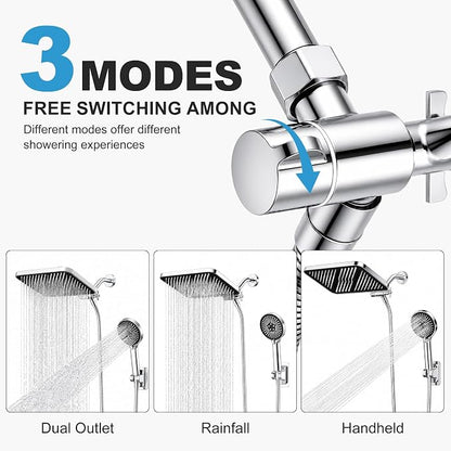 JOOM 8" x 12" Rainfall Shower Head & Handheld Combo – High-Pressure Dual Shower System with 11" Adjustable Extension Arm
