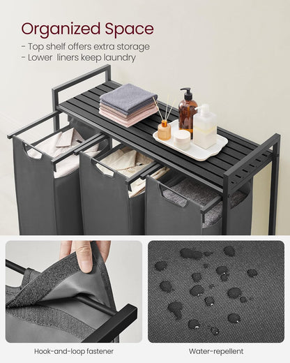 3 Section Laundry Hamper with Pull-Out Removable Bags and Storage Shelf, Laundry Sorter for Bathroom, Laundry Room and Bedroom 36.4" x 13" x 28.4" Slate Gray and Charcoal Gray BLH301G01
