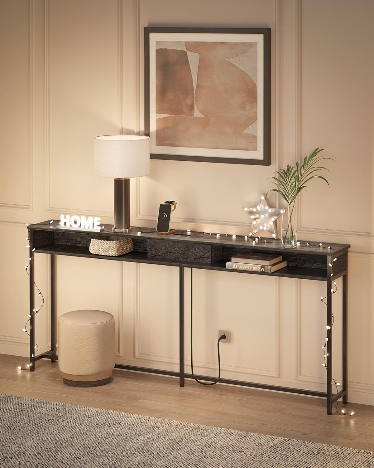 Console Table with Power Outlet, 70 Inch Sofa Table, Narrow Entryway Table with Hidden Charging Station and Storage Shelves for Hallway, Living Room and Behind Couch Black LNT118B22