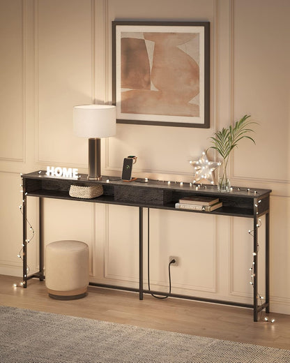 Console Table with Power Outlet, 70 Inch Sofa Table, Narrow Entryway Table with Hidden Charging Station and Storage Shelves for Hallway, Living Room and Behind Couch Black LNT118B22