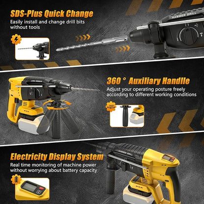 LHC DQSKCW 3J Cordless SDS-Plus Rotary Hammer Drill – Brushless 20V DeWalt Battery Compatible, 3 Modes, 1400 RPM & Drill/Chisel Set