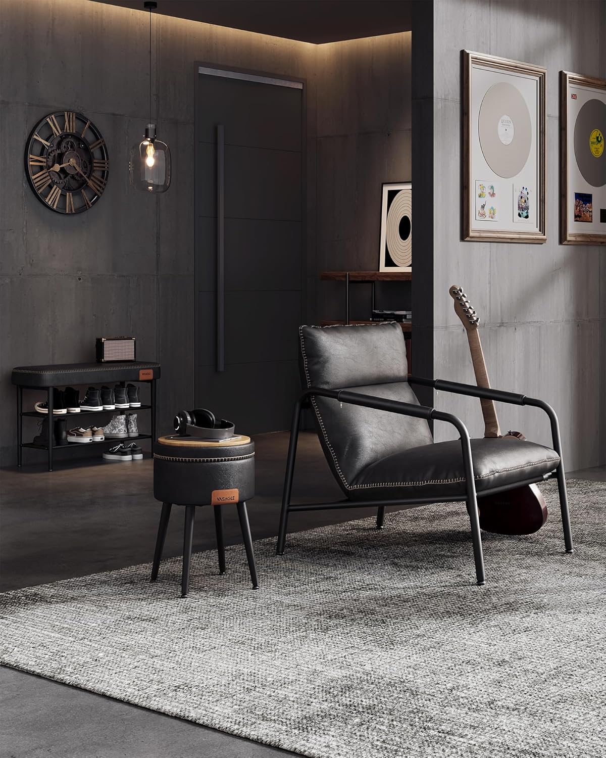Mid-Century Modern Lounge Chair with Faux Leather Upholstery and Metal Frame, Accent Armchair for Living Room, Bedroom and Reading Nook  Ink Black LAC014B01V1