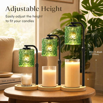 CNXIN Candle Warmer Lamp with Timer & Dimmer – Adjustable Height Wax Melting Lamp with Green Glass Shade, Wood Base & 2 Bulbs