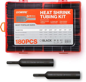 Dowire 180-Piece Black Heat Shrink Tubing Kit – 3:1 Adhesive-Lined Waterproof Marine Grade Wire Shrink Wrap