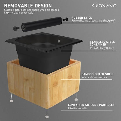 KYONANO Bamboo Espresso Knock Box – Coffee Grounds Bin with Knock Bar and Non-Slip Base