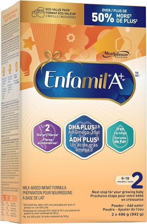 Enfamil A+ 2 Baby Formula Powder Refill – 992g Value Pack (2 × 496g), Stage 2 Milk-Based Infant Formula with DHA, Iron & Prebiotic Fibre, Ages 6–18 Months