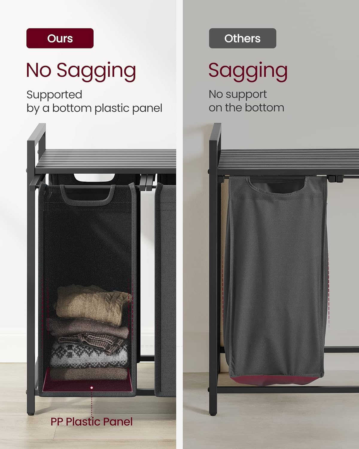 3 Section Laundry Hamper with Pull-Out Removable Bags and Storage Shelf, Laundry Sorter for Bathroom, Laundry Room and Bedroom 36.4" x 13" x 28.4" Slate Gray and Charcoal Gray BLH301G01