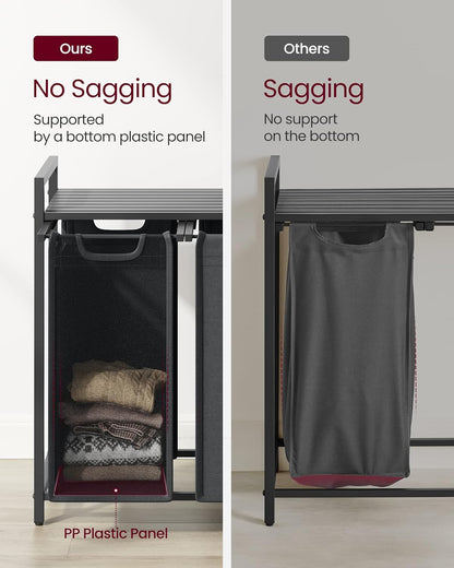 3 Section Laundry Hamper with Pull-Out Removable Bags and Storage Shelf, Laundry Sorter for Bathroom, Laundry Room and Bedroom 36.4" x 13" x 28.4" Slate Gray and Charcoal Gray BLH301G01