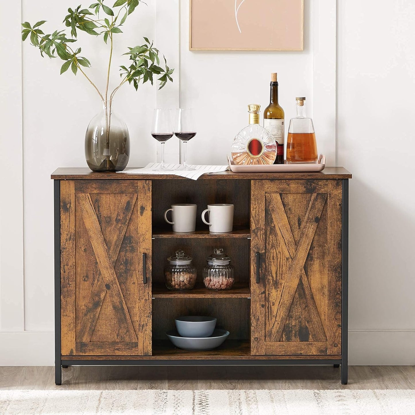 Industrial Sideboard Buffet Cabinet with Doors & Open Shelves – Coffee Bar Storage Cabinet Vintage Brown & Black LSC098B01V1