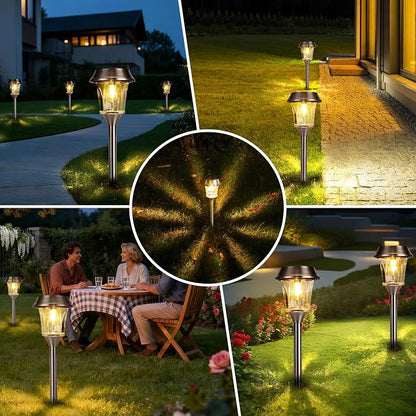 Solar Pathway Lights Outdoor – 12–25 Lumen Dimmable Warm White LED Garden Lights, IP65 Waterproof Glass & Metal Landscape Stakes