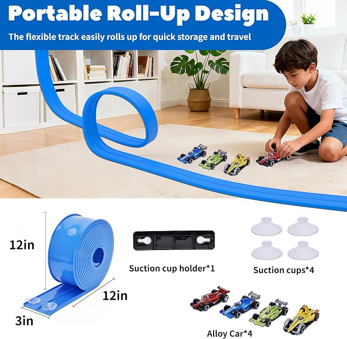 JAESITETER 15 Ft Flexible Race Car Track for Kids – Roll-Up Car Ramp with Suction Cups, Compatible with 1:64 Diecast Cars