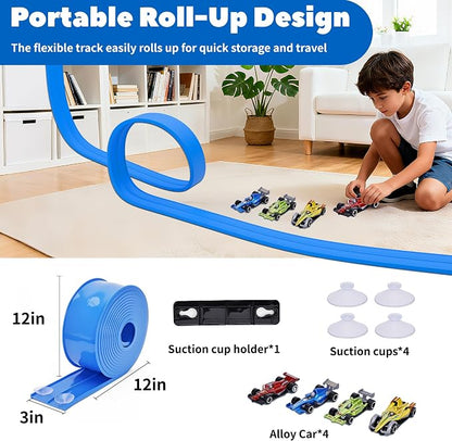 JAESITETER 15 Ft Flexible Race Car Track for Kids – Roll-Up Car Ramp with Suction Cups, Compatible with 1:64 Diecast Cars
