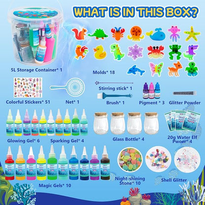 JOY SPOT Glow in the Dark Water Elf Kit – DIY Magic Water Gel Craft Set with 18 Sea Creature Molds, 20 Colors & STEM Sensory Activity for Kids