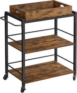 Kitchen Serving Cart with Removable Tray, 3 Tier Rolling Kitchen Cart with Storage Shelves, Utility Cart on Wheels for Kitchen, Dining Room and Bar Rustic Brown and Black LRC72X
