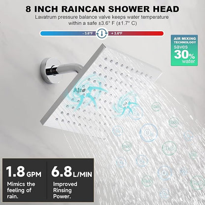 Lavatrum 8-Inch Square Rainfall Shower Head – High Pressure Chrome Showerhead with 360° Adjustable Angle & Anti-Clog Silicone Nozzles