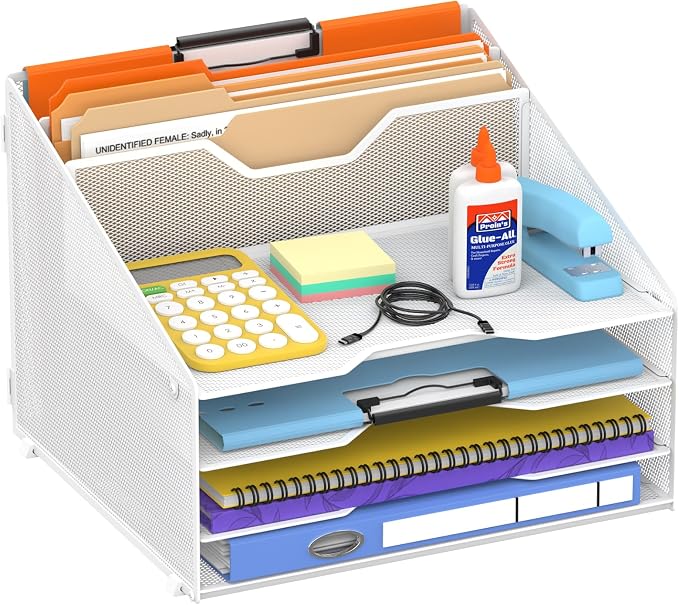 4-Tier Desk Organizer with File Holder – Metal Mesh Desktop Letter Tray with 3 Paper Trays & 2 Vertical File Sections