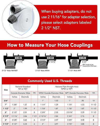 ZYfire Single-Jacket Fire Hose – Assorted Sizes & Lengths, EPDM-Lined Polyester Hose with Aluminum NST/NH or NPSH Couplings
