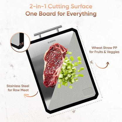 BLAZEYO 16" x 11" Stainless Steel Cutting Board – 2-in-1 Double-Sided Chopping Board with Wheat Straw Surface & Accessories