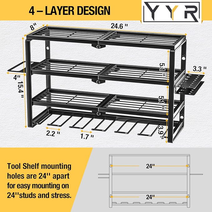 YYR 24-Inch 4-Tier Power Tool Organizer Wall Mount – Heavy Duty Metal Cordless Drill Storage Rack with 6 Drill Holders, Battery & Charging Station Shelves