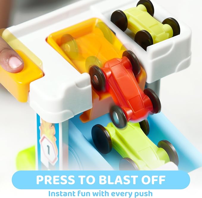 Race Track Car Ramp Toy – Toddler Montessori Car Ramp with 4 Cars and Parking Spaces, Ages 18M+